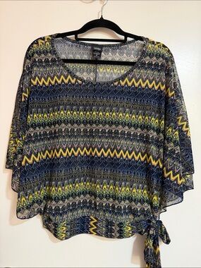 Vanity Navy, Yellow & Green Zigzag Tie-Hem Blouse